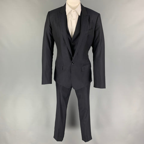 DOLCE & GABBANA Size 38 Navy Wool Silk Peak Lapel 3 Piece Suit