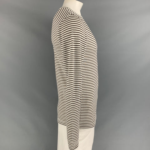 S.N.S HERNING Size L White & Olive Stripe Wool Blend Crew-Neck Pullover