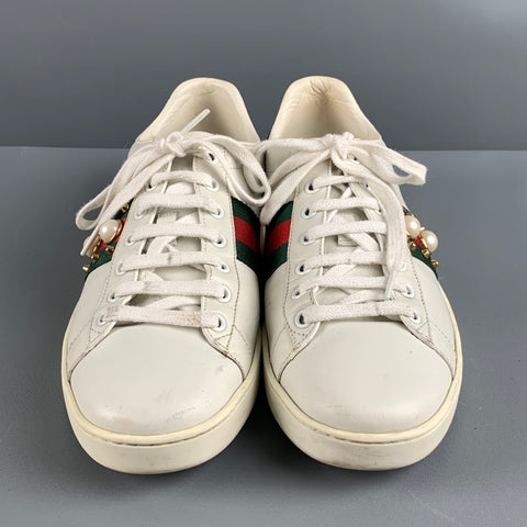 GUCCI Talla 10 Zapatillas bajas con cinta de cuero blanco, verde y rojo