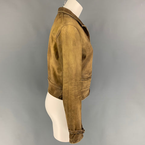 RALPH LAUREN Talla M Chaqueta recortada desgastada de cuero color canela