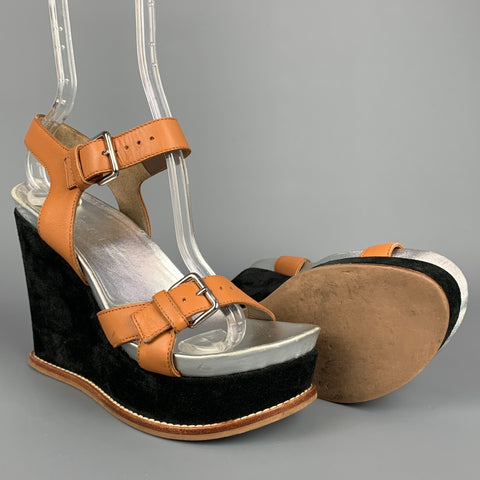 MARNI Size 6 Tan & Black Color Block Leather Wedge Sandals