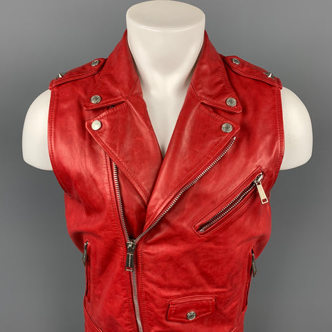 DSQUARED2 Talla 40 Chaleco motero de cuero rojo con cremallera
