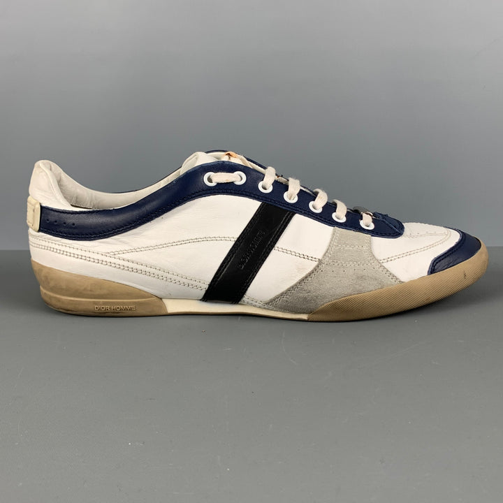 DIOR HOMME Talla 11 Zapatillas deportivas con cordones de cuero con materiales mixtos, color blanco y azul marino