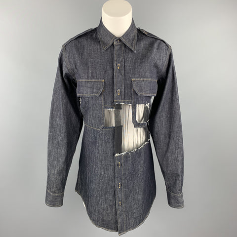 MAISON MARGIELA Size 0 Navy Denim Mesh Trim Oversized Shirt