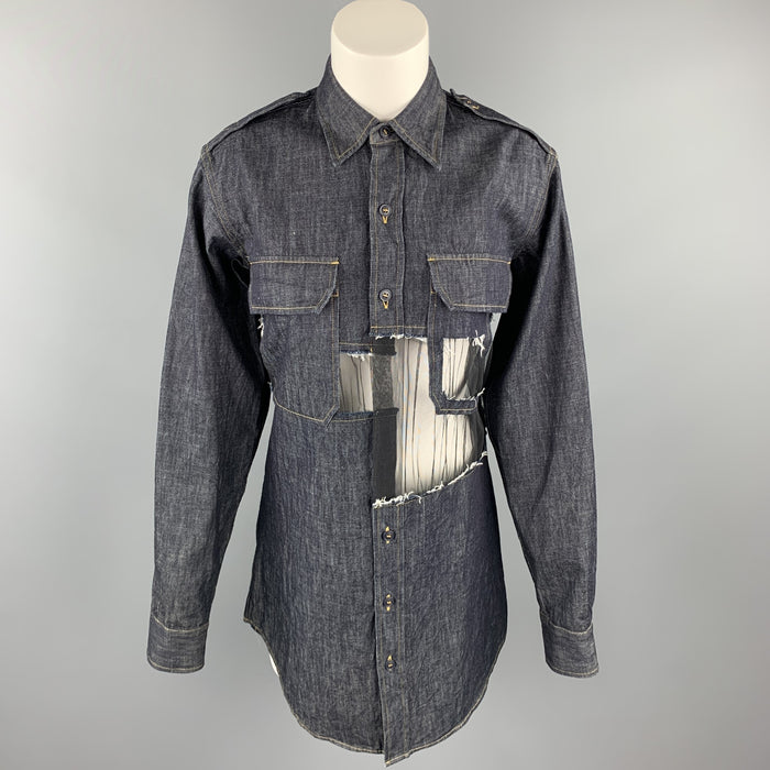MAISON MARGIELA Size 0 Navy Denim Mesh Trim Oversized Shirt