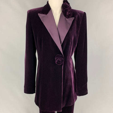 EMPORIO ARMANI Size 8 Purple Viscose Silk Velvet Peak Lapel Pants Suit