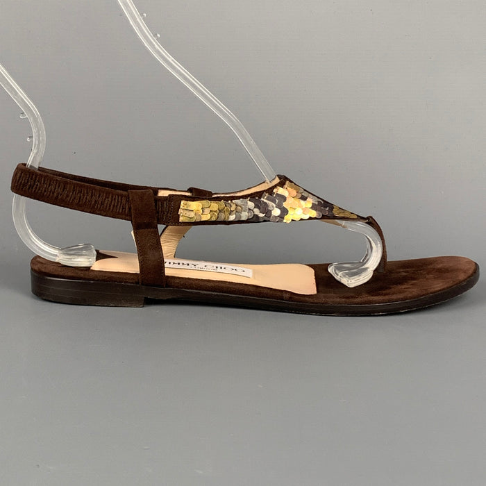 JIMMY CHOO Size 6 Brown & Gold Sequined Suede Flat Sandals