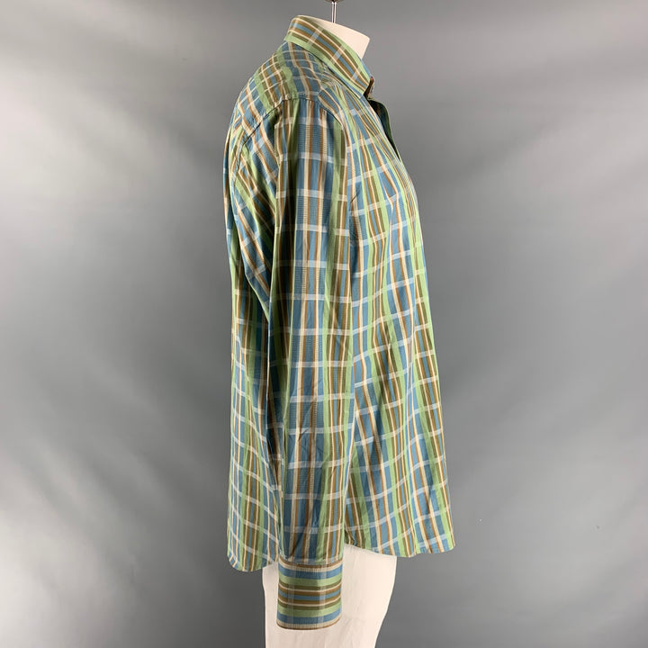 ROBERT GRAHAM Size XL Green, Blue & Tan Plaid Cotton Button Up Long Sleeve Shirt