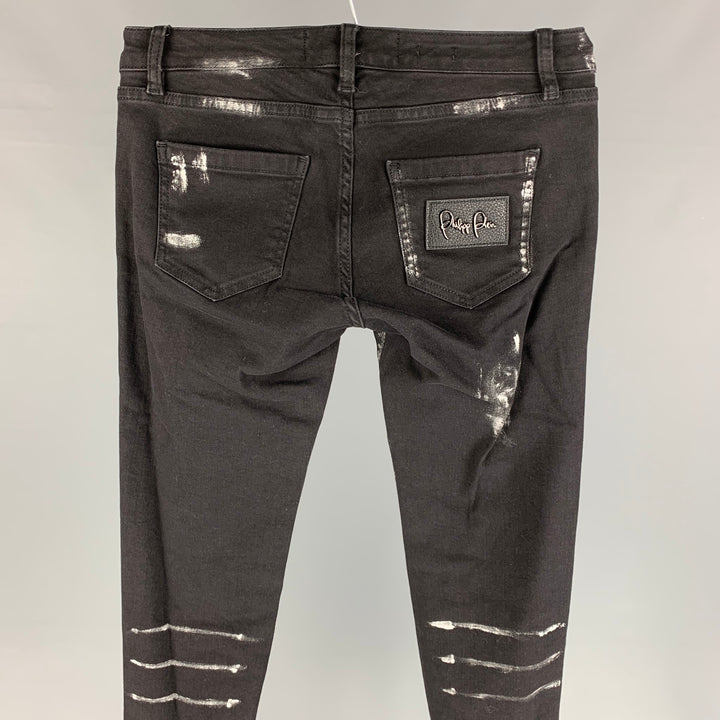 PHILIPP PLEIN Size 2 Black & Silver Cotton Paint Splattered Super Slim Fit The Glory Jeans