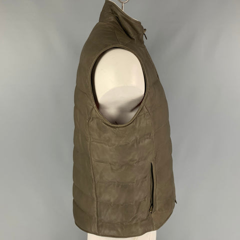 LORO PIANA Size L Olive Quilted Leather Zip Up Vest