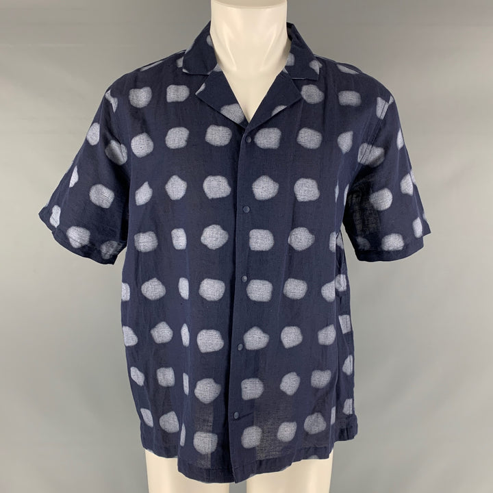 FOLK Size S Navy Dots Linen Cotton Camp Short Sleeve Shirt