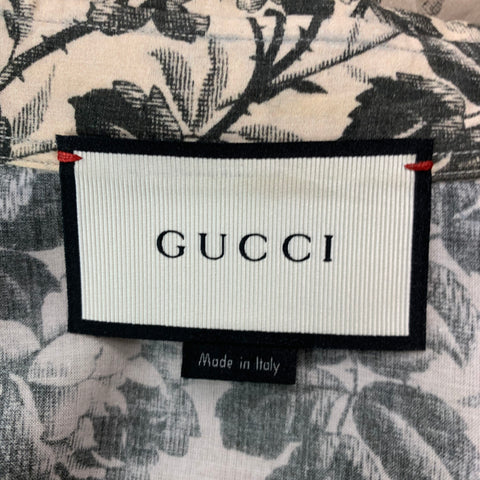 GUCCI Size L Cream Black Floral Short Sleeve Shirt