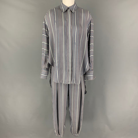 LOEWE Size 2 Grey White Blue Silk Stripe Asymmetrical Set