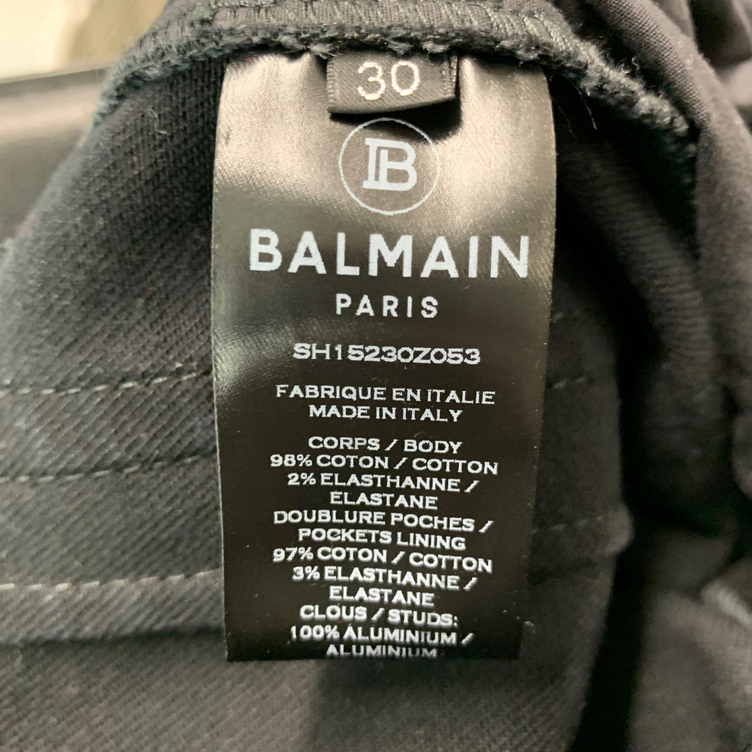 BALMAIN Size 30 Black Studded Cotton  Elastane Button Fly Jeans