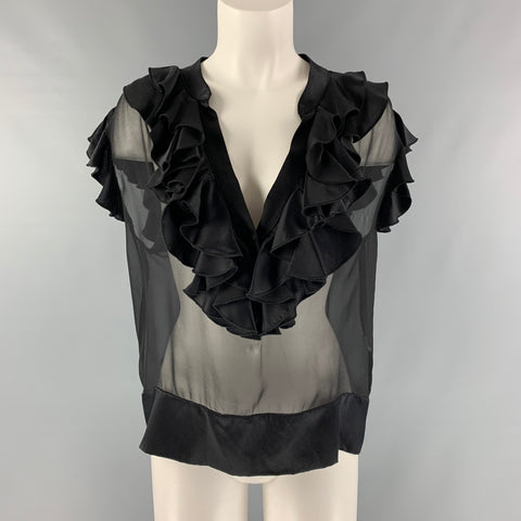 AMANDA UPRICHARD Talla L Blusa negra con cuello en V y volantes