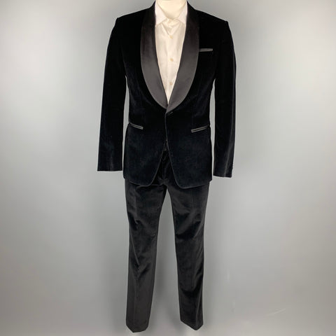 HUGO BOSS Size 40 Regular Black Cotton Velvet Shawl Collar Tuxedo Suit