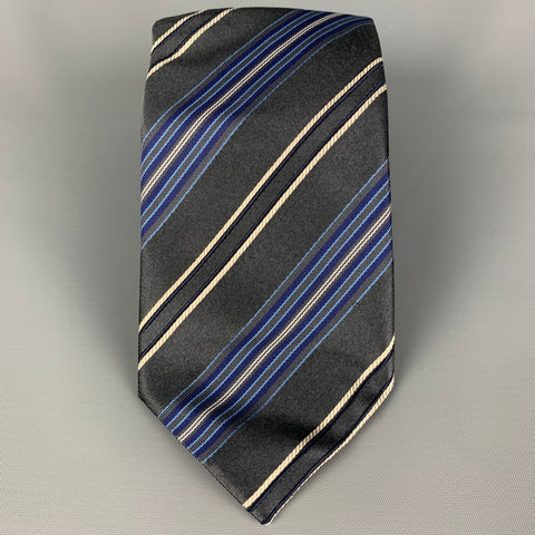 CANALI Grey Blue White Diagonal Stripe Silk Neck Tie