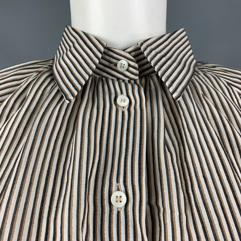 BRUNELLO CUCINELLI Taille L Blanc Marron Noir Coton Mélange Stripe Casual Top