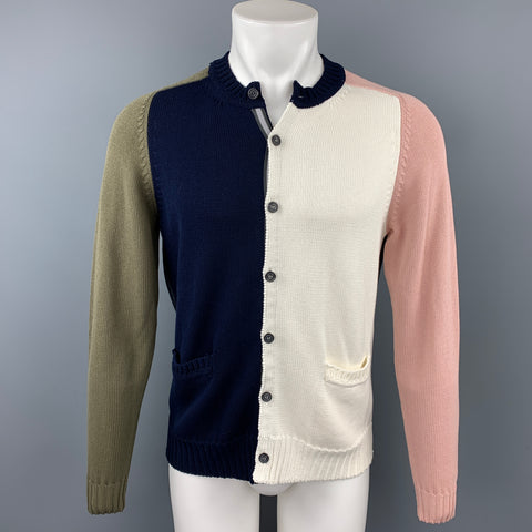 WOOSTER + LARDINI Size M Navy & Cream Color Block Cotton Cardigan