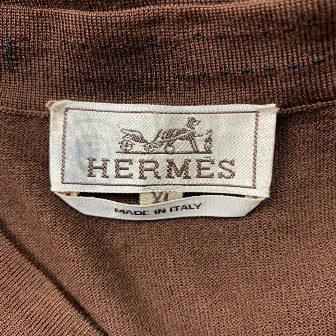 HERMES Size XL Brown Knitted Merino Wool V-Neck Pullover