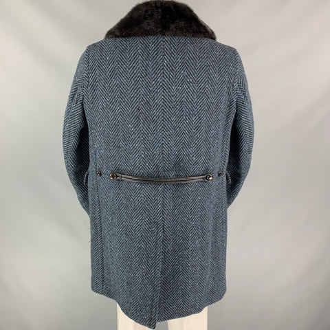 BURBERRY PRORSUM Fall 2011 Size 42 Blue Zig Zag Wool Removable Mink Collar Coat