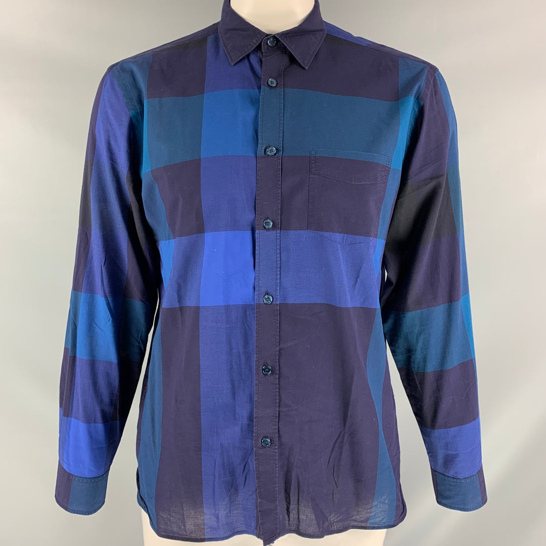 BURBERRY BRIT Size L Blue & Black Plaid Cotton Button Down Long Sleeve Shirt