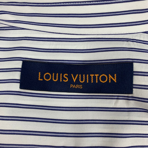 LOUIS VUITTON Size L White Navy Stripe Cotton Button Up Short Sleeve Shirt