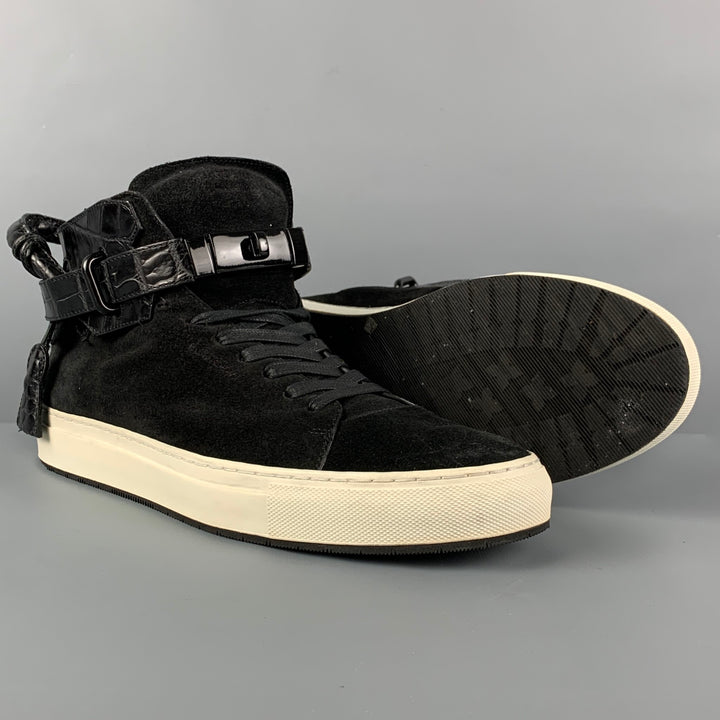 BUSCEMI Size 11 Black Embossed Suede 100MM High Top Sneakers