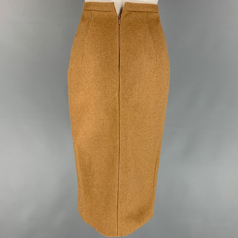 LAQUAN SMITH Size XS Camel Boiled Wool Blend High Waisted Open Front Pencil Skirt