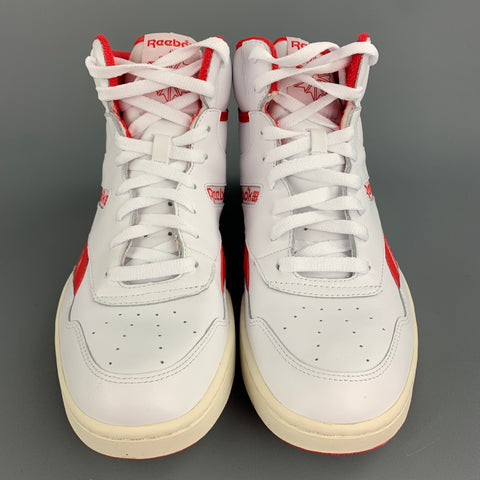 REEBOK Size 10.5 White & Red Leather High Top Sneakers