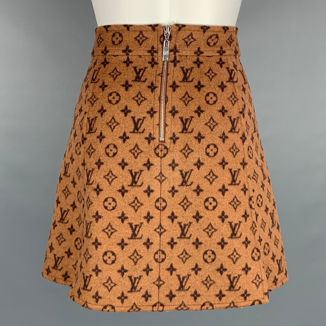 LOUIS VUITTON Size 4 Tan Wool / Silk A-line Monogram Mini Skirt