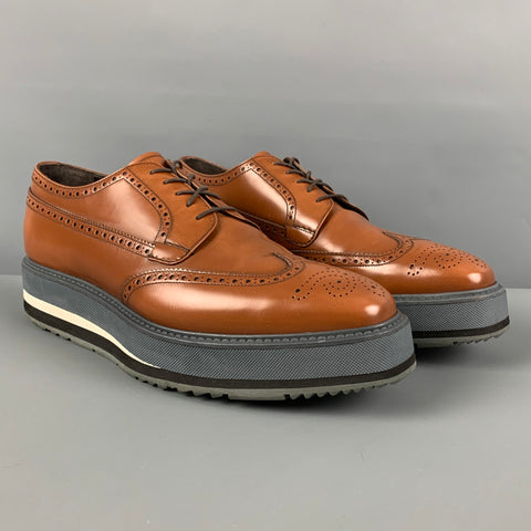 PRADA Size 9.5 Tan Grey Perforated Leather Platform Lace Up Shoes
