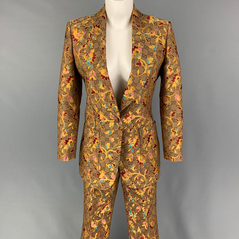 GUCCI Size 4 Tan Gold Brocade Floral Polyester Single Button Pants Suit
