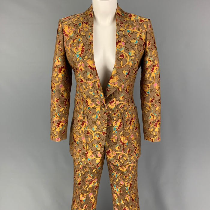 GUCCI Size 4 Tan Gold Brocade Floral Polyester Single Button Pants Suit