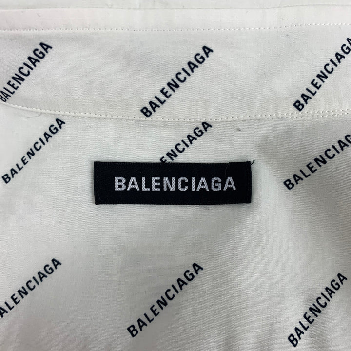 BALENCIAGA Size M White Black Logo Cotton Button Down Short Sleeve Shirt