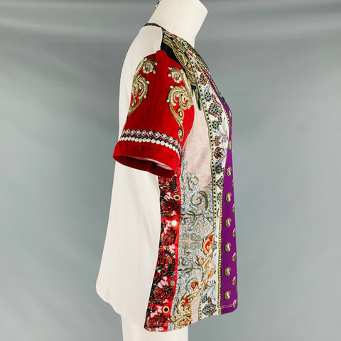 ETRO Size 4 White Multi-Color Cotton Rhinestones Short Sleeve Casual Top