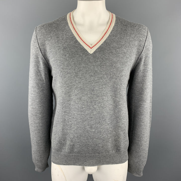 PRADA Taille L Gris Laine Col V Beige Garniture Coude Patch Pull Pull