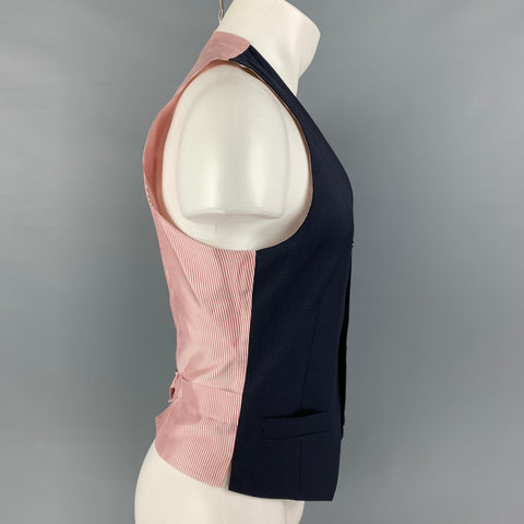 GIORGIO ARMANI Talla 36 Chaleco con botones de seda y lana de rejilla azul marino