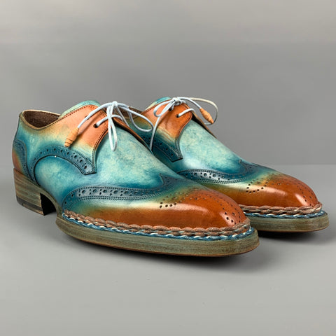 PAUL PARKMAN Size 8 Turquoise Brown Perforated Leather Wingtip Shoes