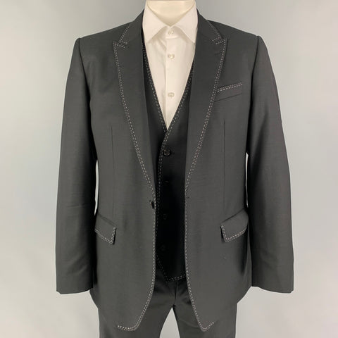 DOLCE & GABBANA Size 42 Black Contrast Stitch Wool Peak Lapel 3 Piece Suit