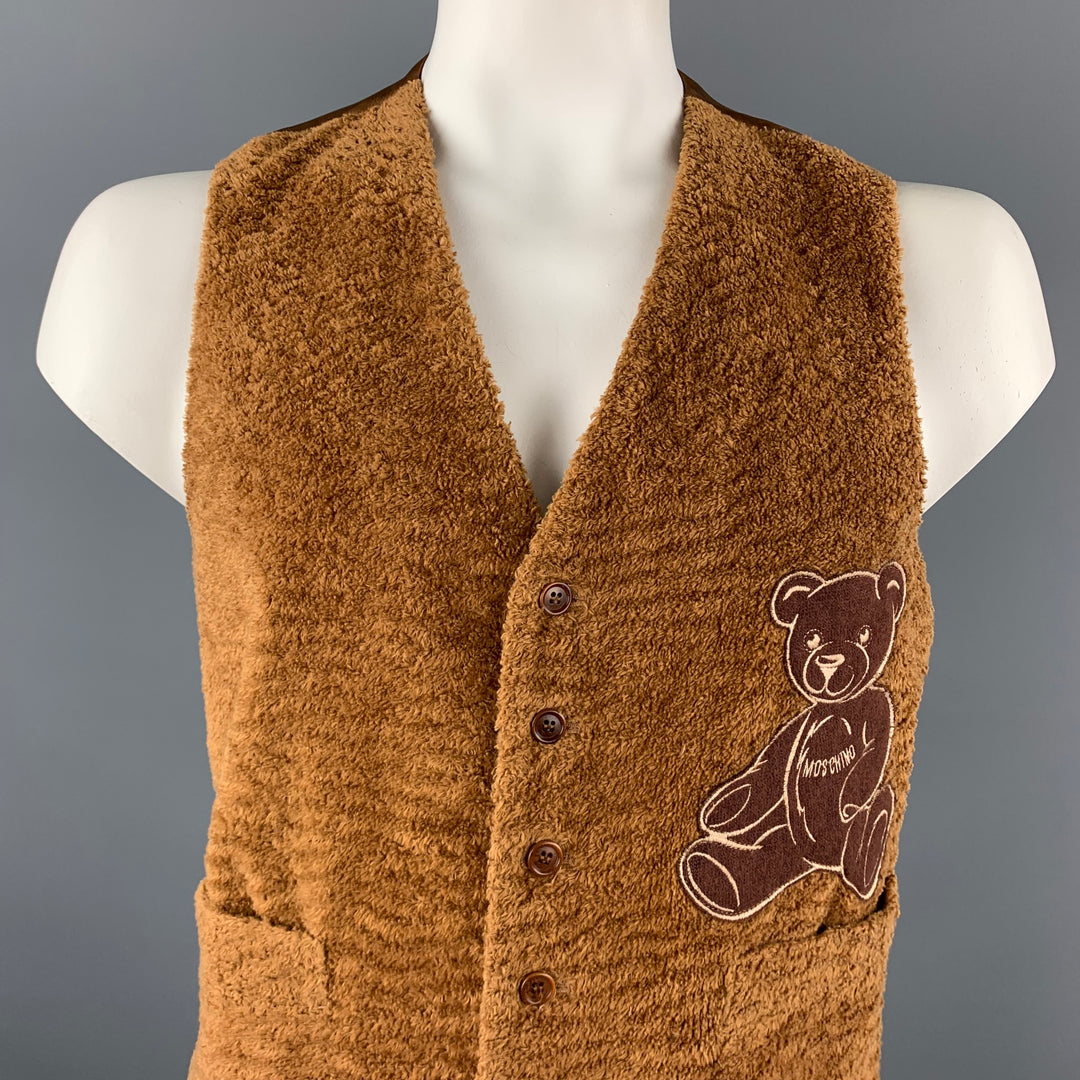 MOSCHINO Size 44 Brown Textured Cotton Bear Embroidery Buttoned Vest