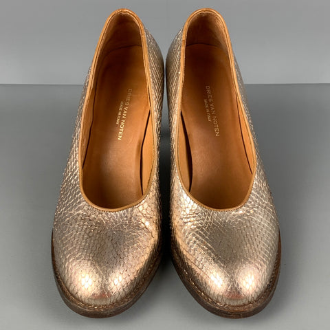 DRIES VAN NOTEN Size 8 Gold Snake Skin Round Toe Pumps