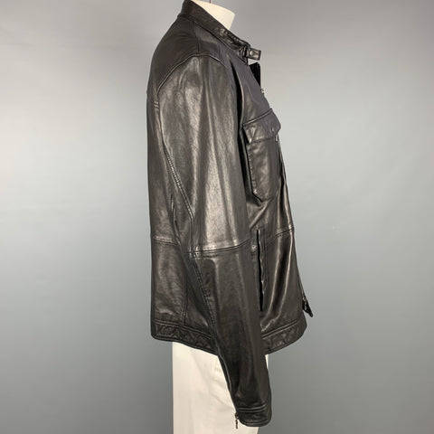JOHN VARVATOS Size XXL Black Leather Zip Up & Snaps Jacket
