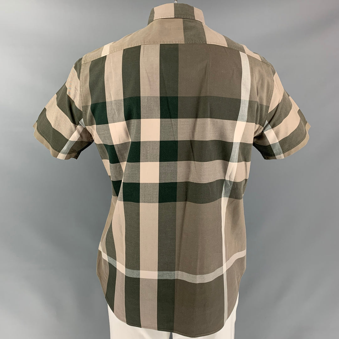 BURBERRY BRIT Size L Olive & Taupe Plaid Cotton Button Down Short Sleeve Shirt