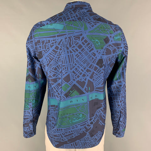 BURBERRY PRORSUM Size L Navy Blue Cotton Silk London Map Print Long Sleeve Shirt
