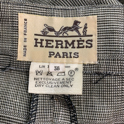 HERMES Size 24 Brown Beige Linen Plaid High Waisted Dress Pants