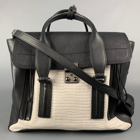 3.1 PHILLIP LIM Black & White Textured Embossed Leather Cross Body Pashli Medium Satchel Handbag