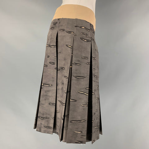PRADA Taille 2 Jupe plissée abstraite en soie grise et beige