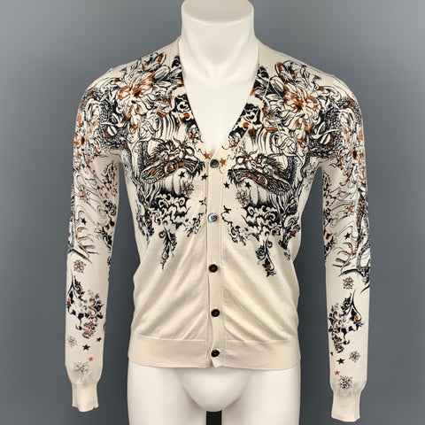JOHN RICHMOND Size XS Off White Black Abstract Cotton Blend Buttoned Cardigan Sweater