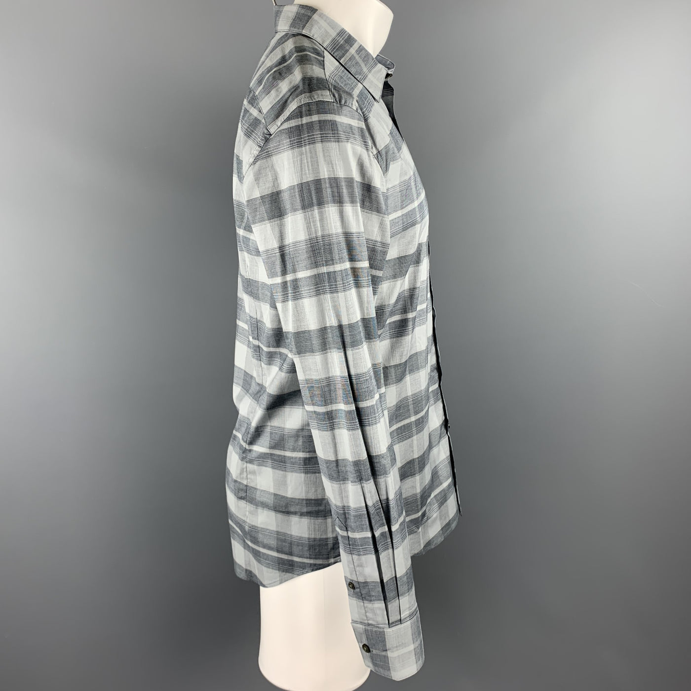 JOHN VARVATOS Luxe Size M Grey Plaid Cotton Button Up Long Sleeve Shirt